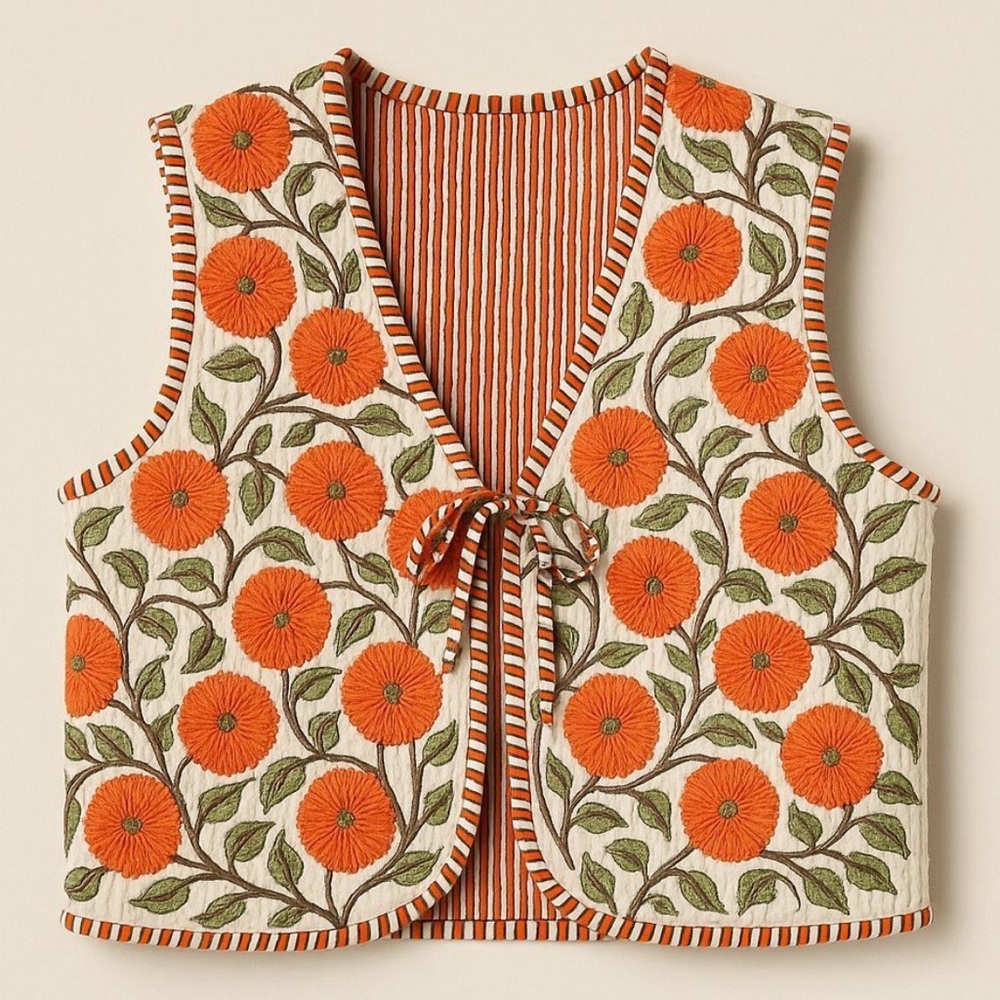 Handmade quilted orange flower tie vest size medium